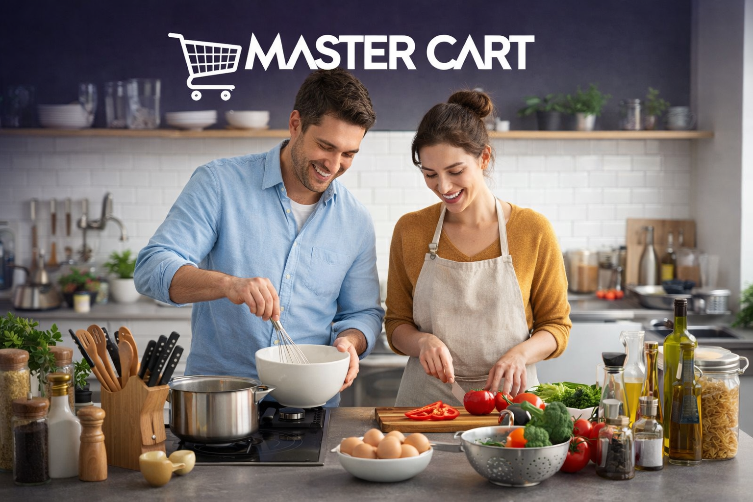 Man and woman cooking together in a kitchen with Master Cart logo above.