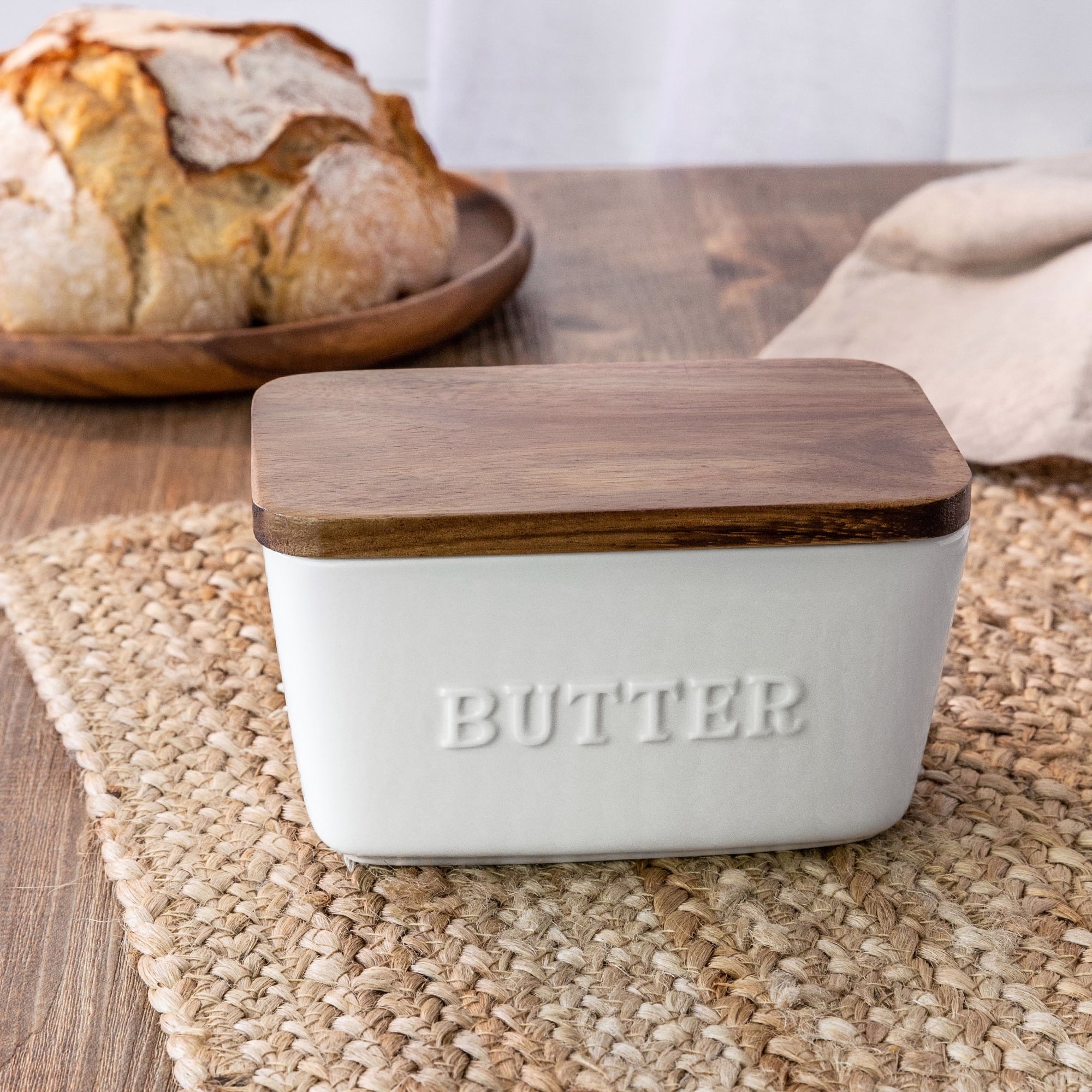 White and Acacia Wood Porcelain Embossed Butter Dish