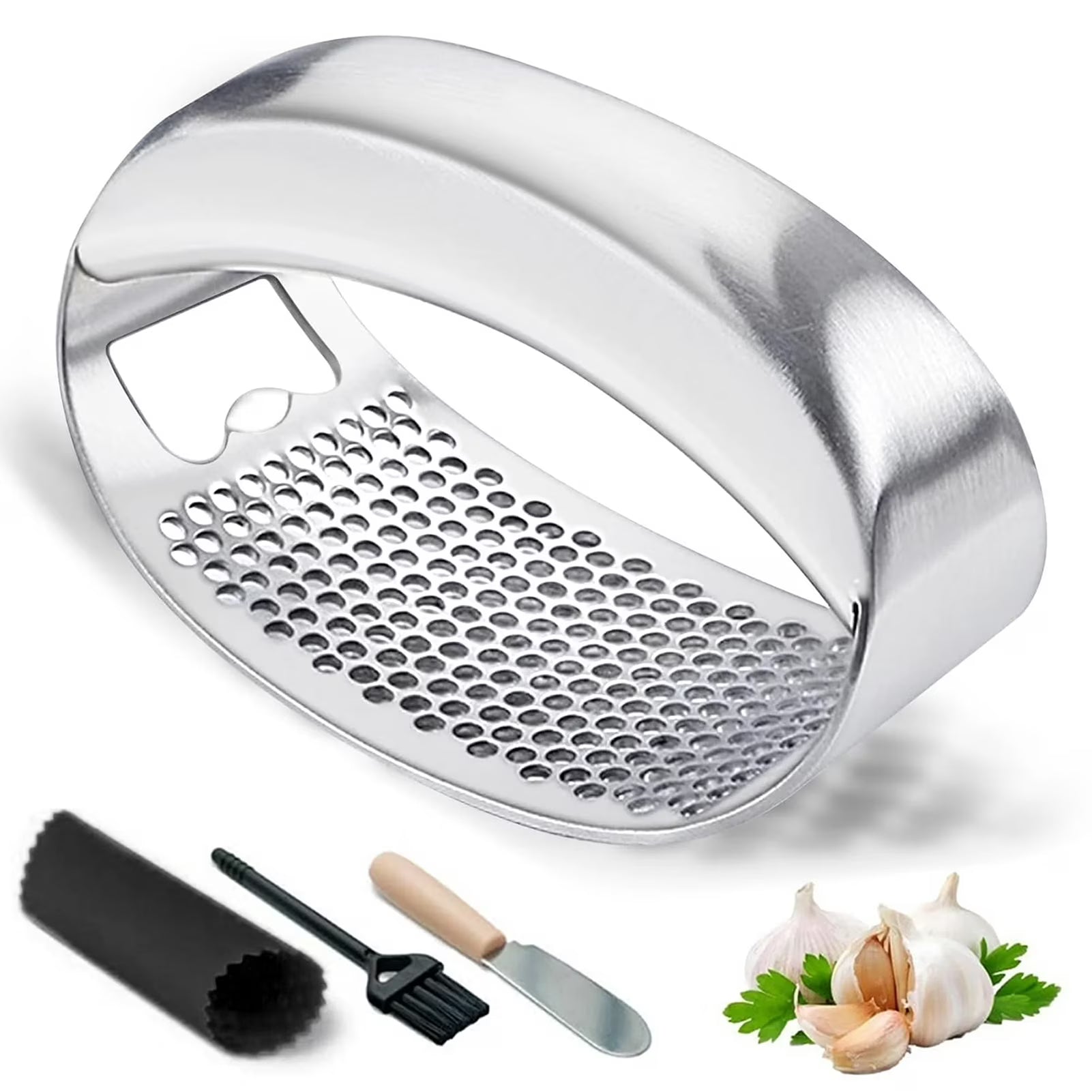 Stainless Steel Heavy Duty Garlic Press Garlic Mincer ,Garlic Crusher Garlic Chopper with Peeler, And Scraper for Smashing Garlic W Built-in Bottle Opener