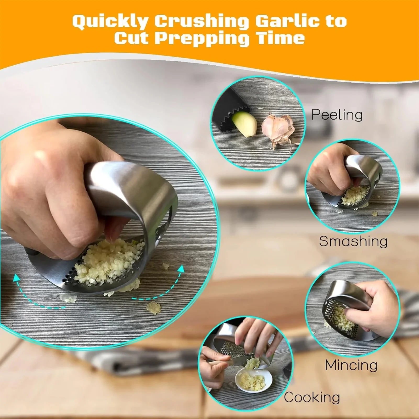 Stainless Steel Heavy Duty Garlic Press Garlic Mincer ,Garlic Crusher Garlic Chopper with Peeler, And Scraper for Smashing Garlic W Built-in Bottle Opener