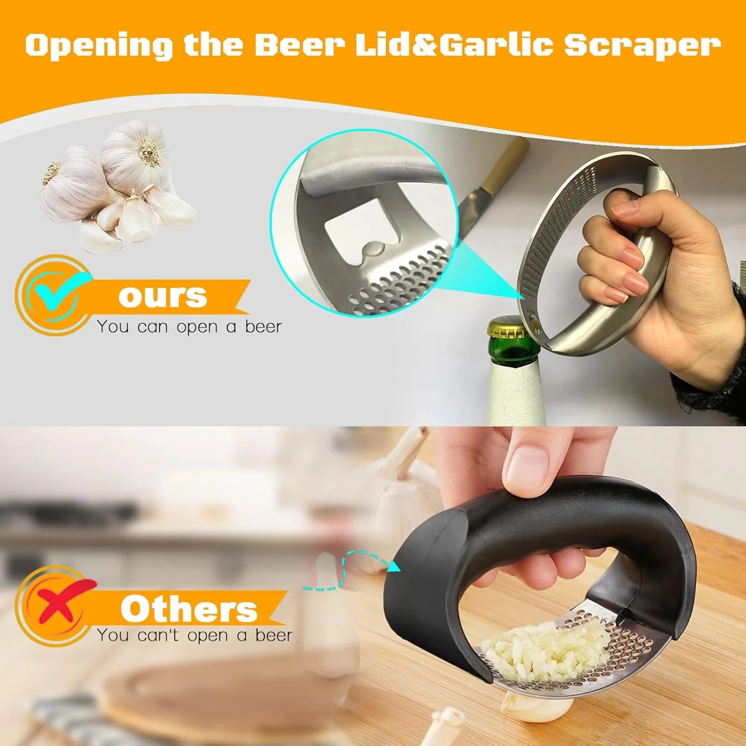 Stainless Steel Heavy Duty Garlic Press Garlic Mincer ,Garlic Crusher Garlic Chopper with Peeler, And Scraper for Smashing Garlic W Built-in Bottle Opener