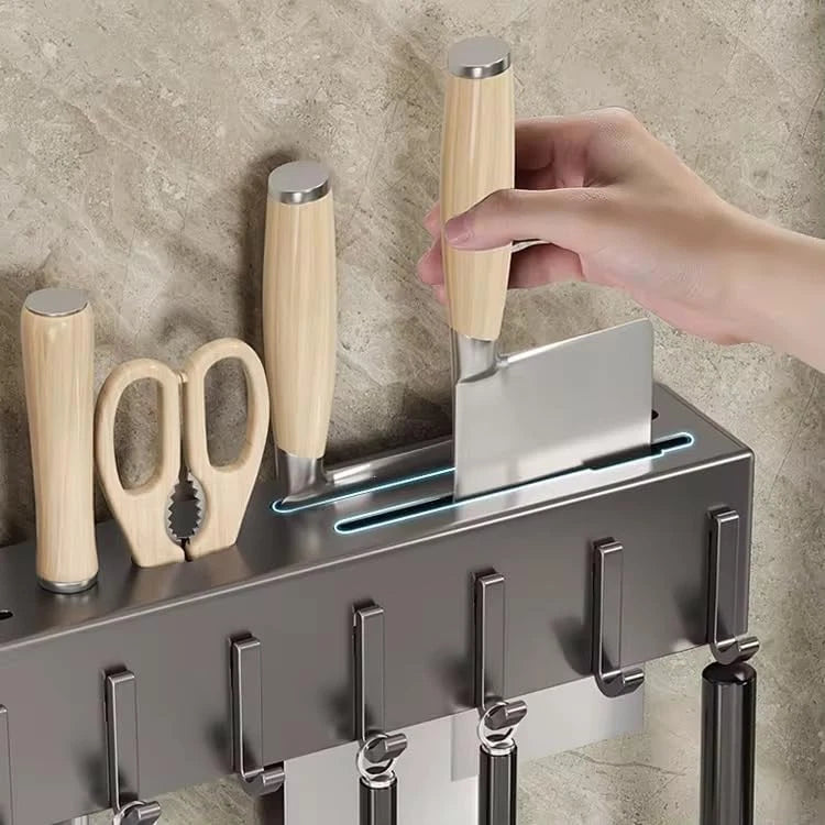 Wall Mounted Kitchen Utensil Holder - Multifunctional Storage Rack for Knives, Spoons & Cookware