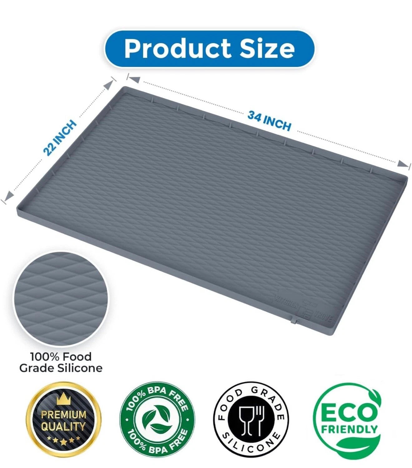 New Under Kitchen Sink Waterproof Silicone Mat Grey ( 34”x22”x1” )