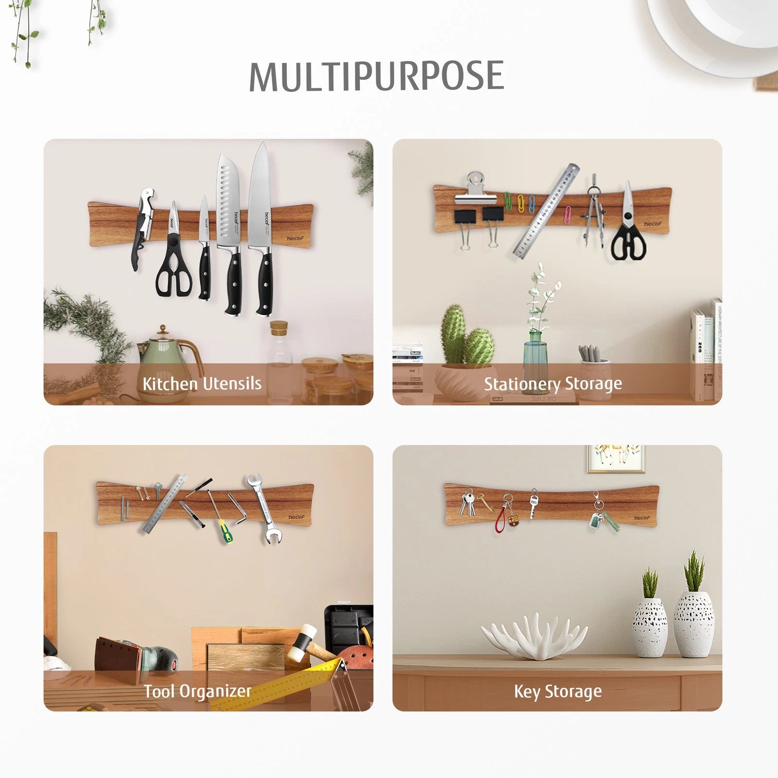 Magnetic Solid Wood Knife Wall Organizer 16Inches