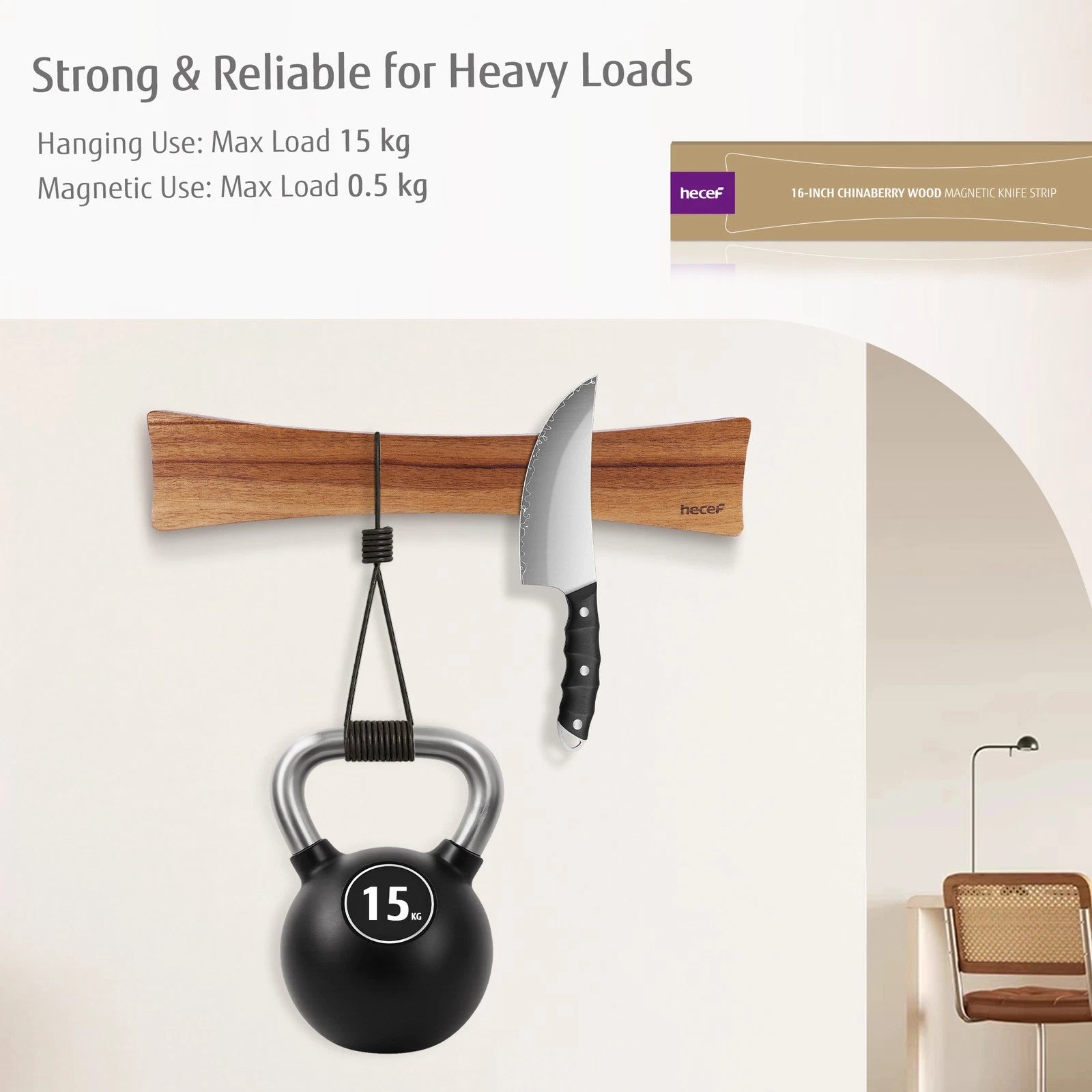 Magnetic Solid Wood Knife Wall Organizer 16Inches